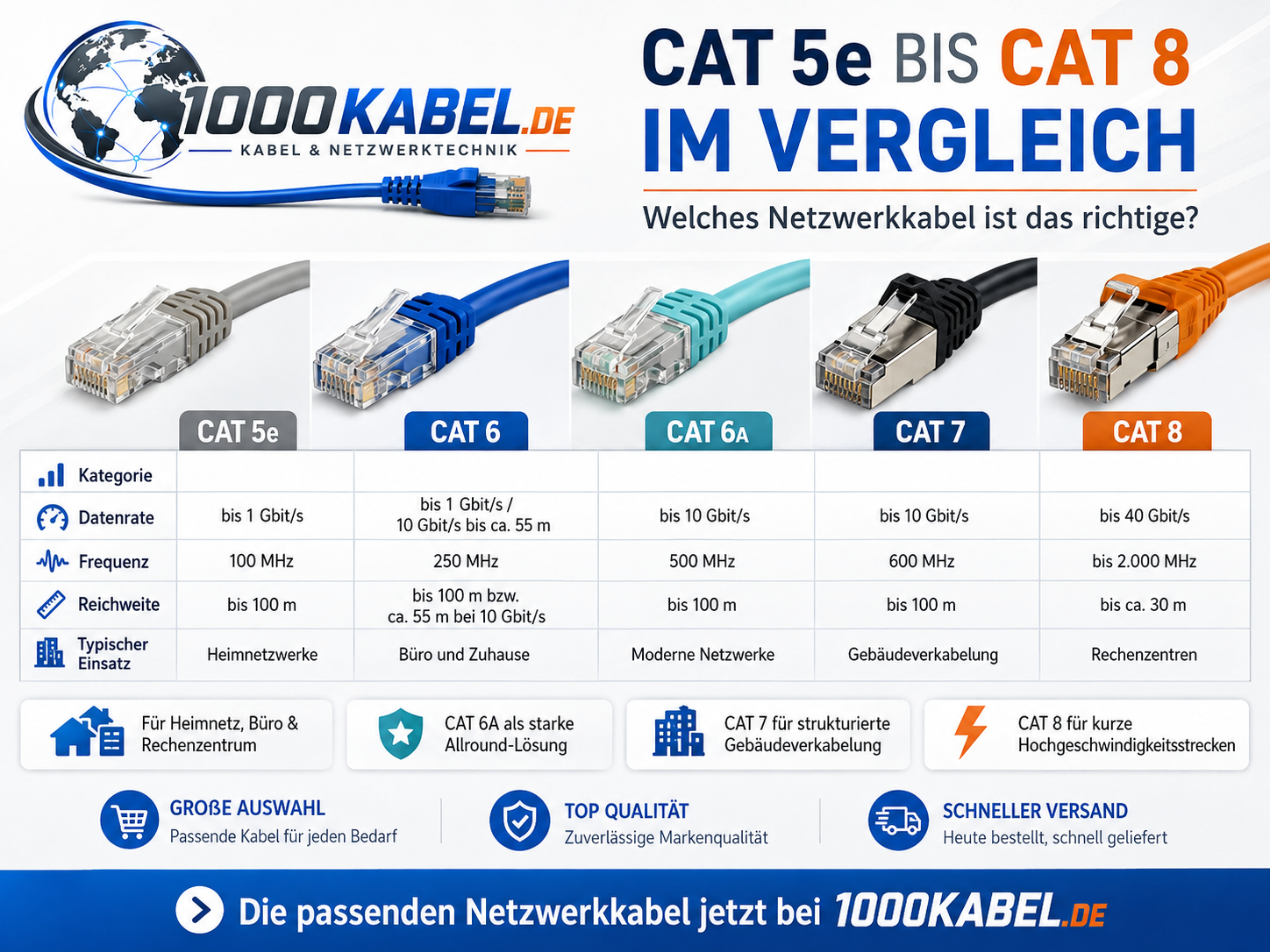 CAT 5e bis CAT 8 im Vergleich: Welches Netzwerkkabel ist das richtige?