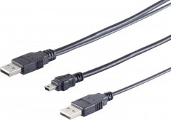 USB-A Y-Adapterkabel, Mini-B, 2.0, schwarz, 0,5m - USB-A Stecker 2x auf Mini-B Stecker, 2.0, 480