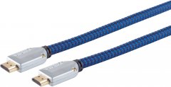 HDMI (A) Stecker - HDMI (A) Stecker, verg. Kontakte, verchromt, schwarz-blauer Cotton Mantel, 3m
