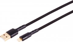 BlackCotton USB-A auf Apple 8-Pin Lightning Ladekabel USB 2.0 Textil Schwarz vergoldet 1 m