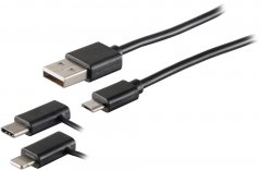 USB-A 3in1 Ladekabel Micro-B 8-Pin USB-C PVC schwarz 1m Universal - USB-A 3in1 Ladekabel