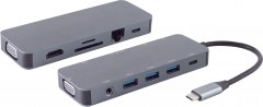 USB-C Dock 11in1 HDMI VGA 2x USB-C 3x USB-A SD microSD RJ45 AUX Plug Play grau - Adapter 8-Pin auf
