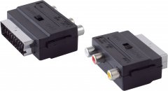Scart-Adapter mit 3 Cinchbuchsen, IN/OUT Schalter - SCART-Adapter, Buchse auf Buchse, vergoldet